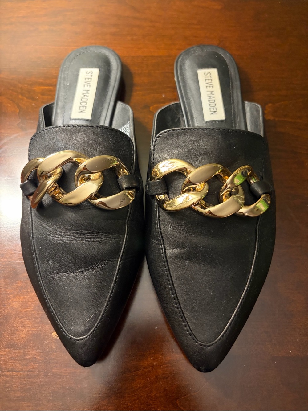 Steve Madden Black Pointed Leather Mules with Gold Chain Accent